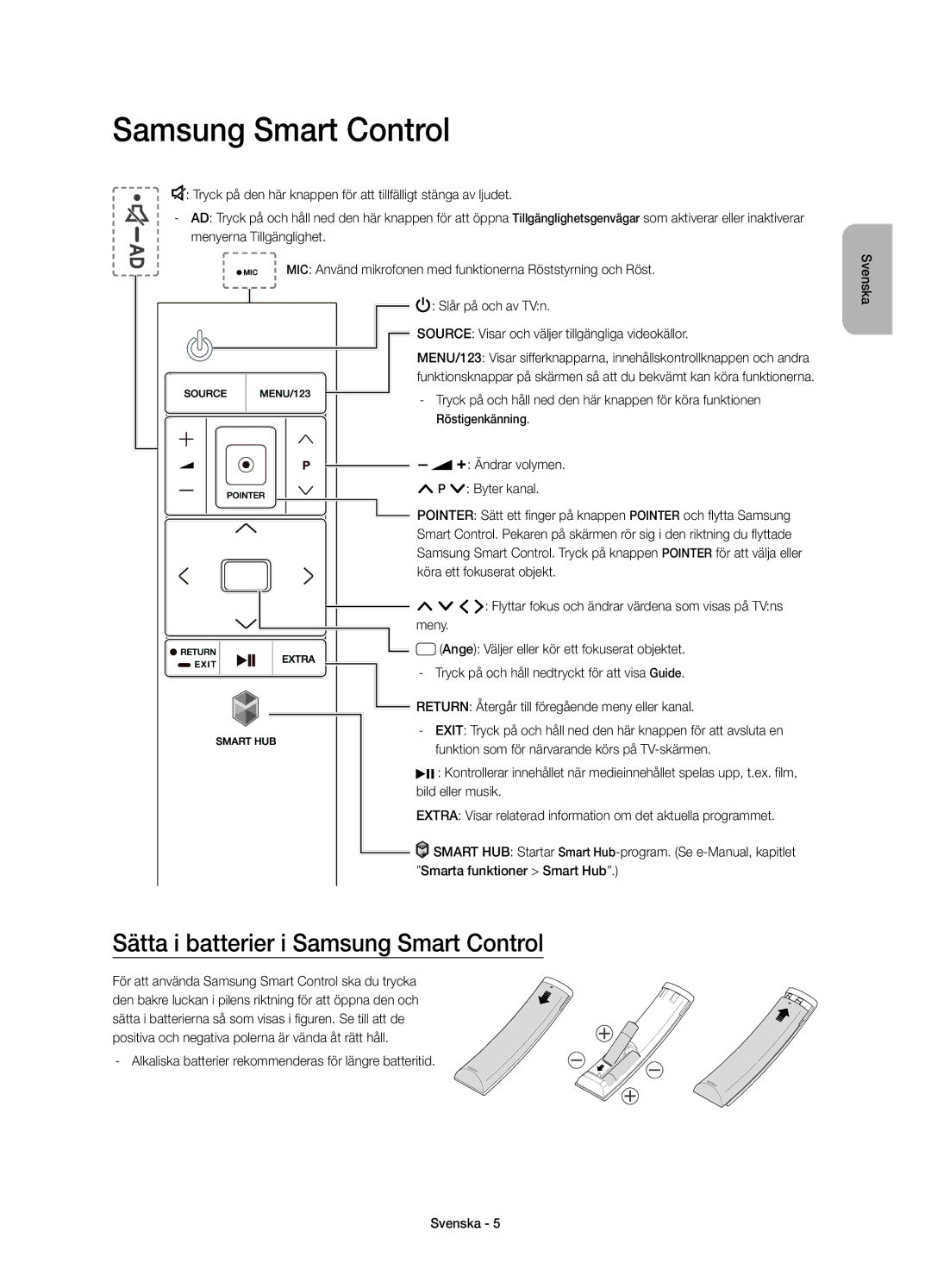 Samsung UE65JU7005TXXE manual Sätta i batterier i Samsung Smart Control, Return Återgår till föregående meny eller kanal 