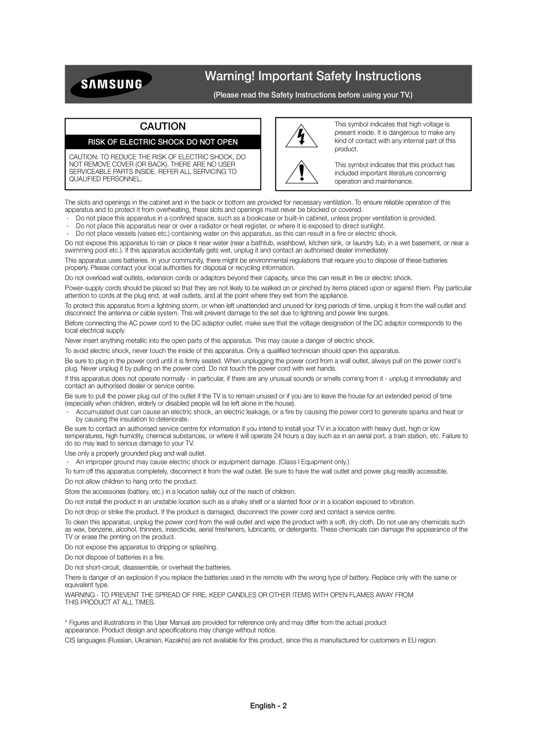 Samsung UE40JU7005TXXE, UE55JU7005TXXE, UE75JU7005TXXE, UE48JU7005TXXE manual Risk of Electric Shock do not Open, English 