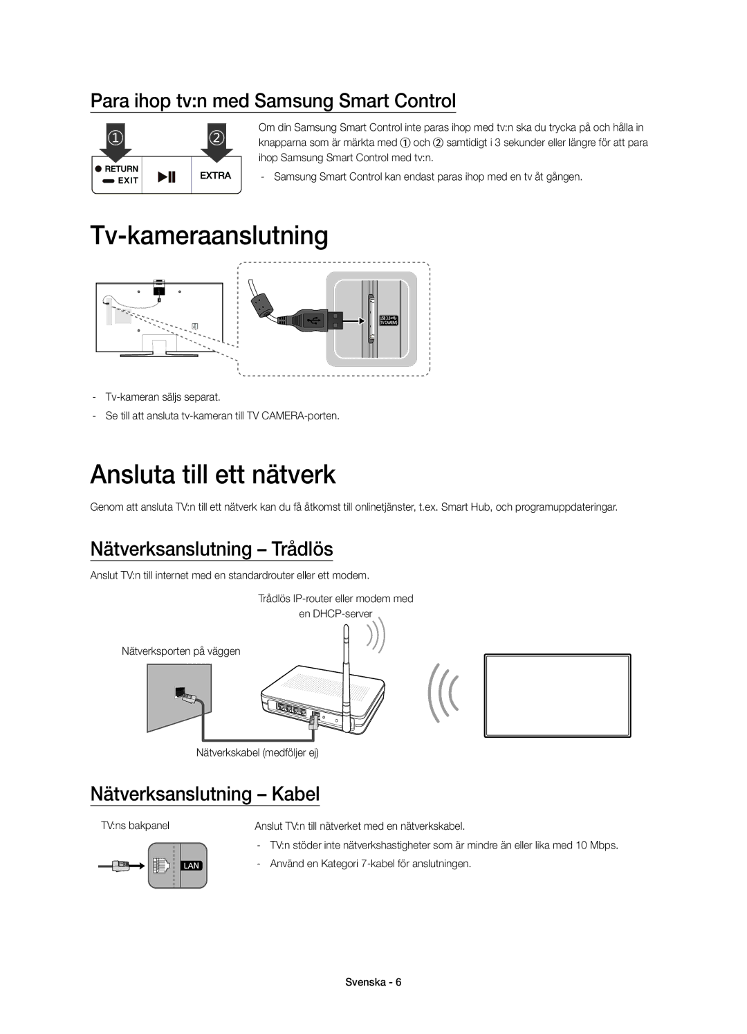 Samsung UE55JU7005TXXE manual Tv-kameraanslutning, Ansluta till ett nätverk, Para ihop tvn med Samsung Smart Control 