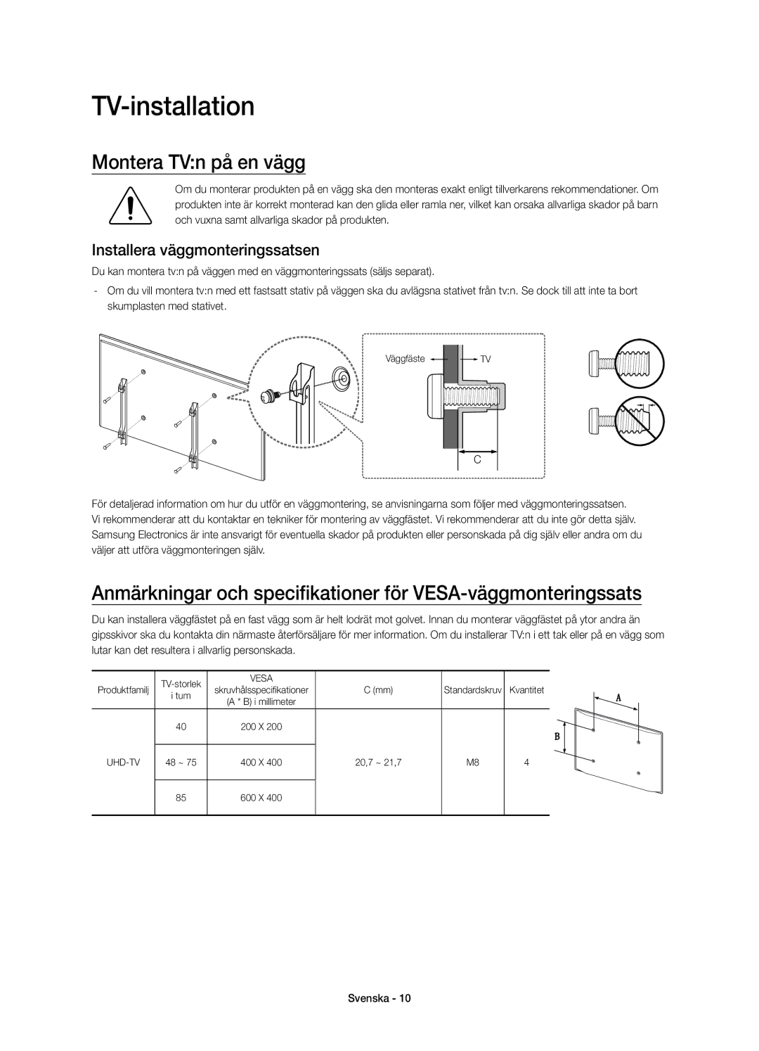 Samsung UE65JU7005TXXE, UE55JU7005TXXE manual TV-installation, Montera TVn på en vägg, Installera väggmonteringssatsen 