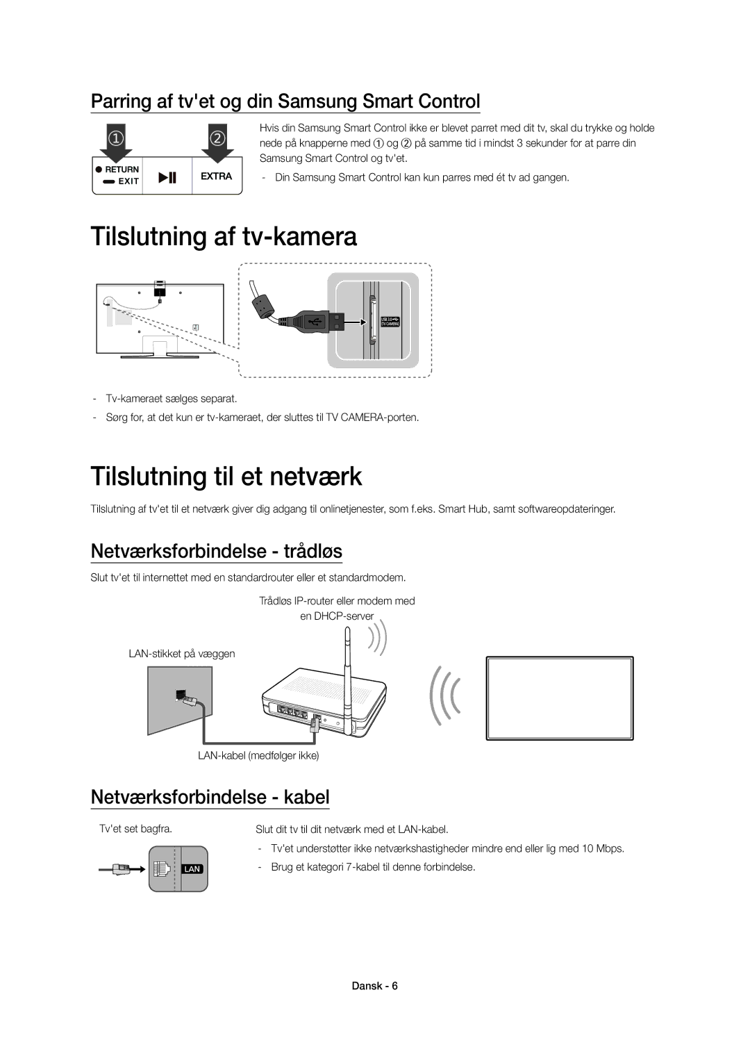 Samsung UE65JU7005TXXE Tilslutning af tv-kamera, Tilslutning til et netværk, Parring af tvet og din Samsung Smart Control 