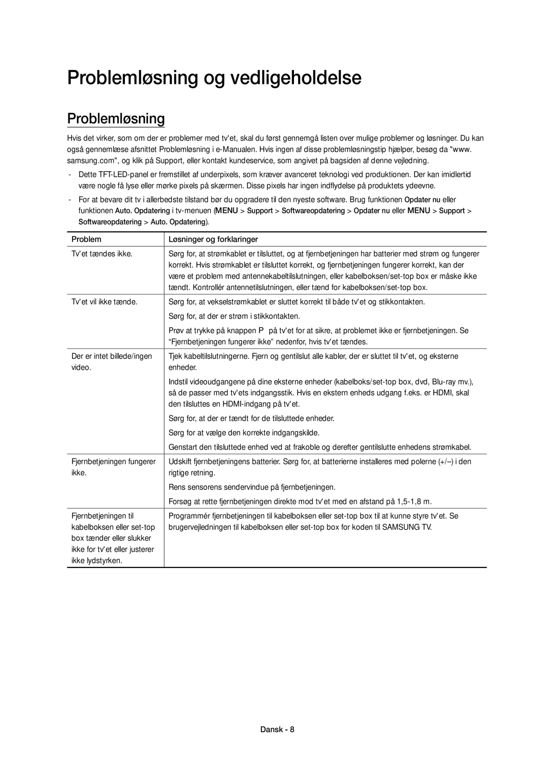 Samsung UE75JU7005TXXE, UE55JU7005TXXE, UE40JU7005TXXE, UE48JU7005TXXE, UE65JU7005TXXE manual Problemløsning og vedligeholdelse 