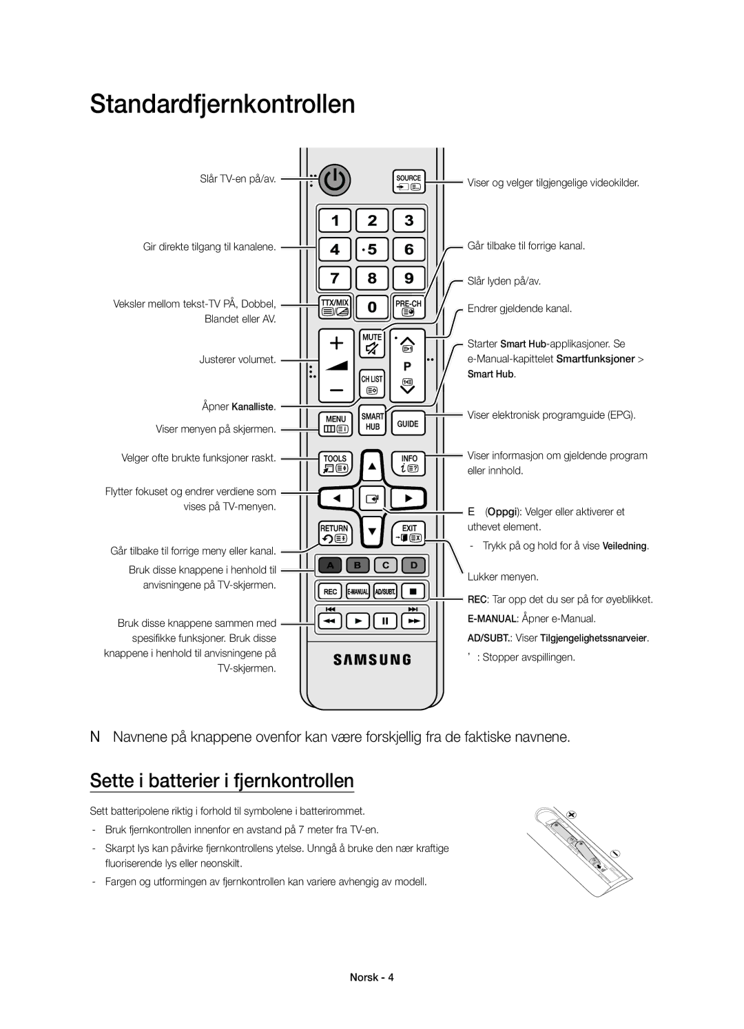 Samsung UE75JU7005TXXE, UE55JU7005TXXE, UE40JU7005TXXE manual Standardfjernkontrollen, Sette i batterier i fjernkontrollen 