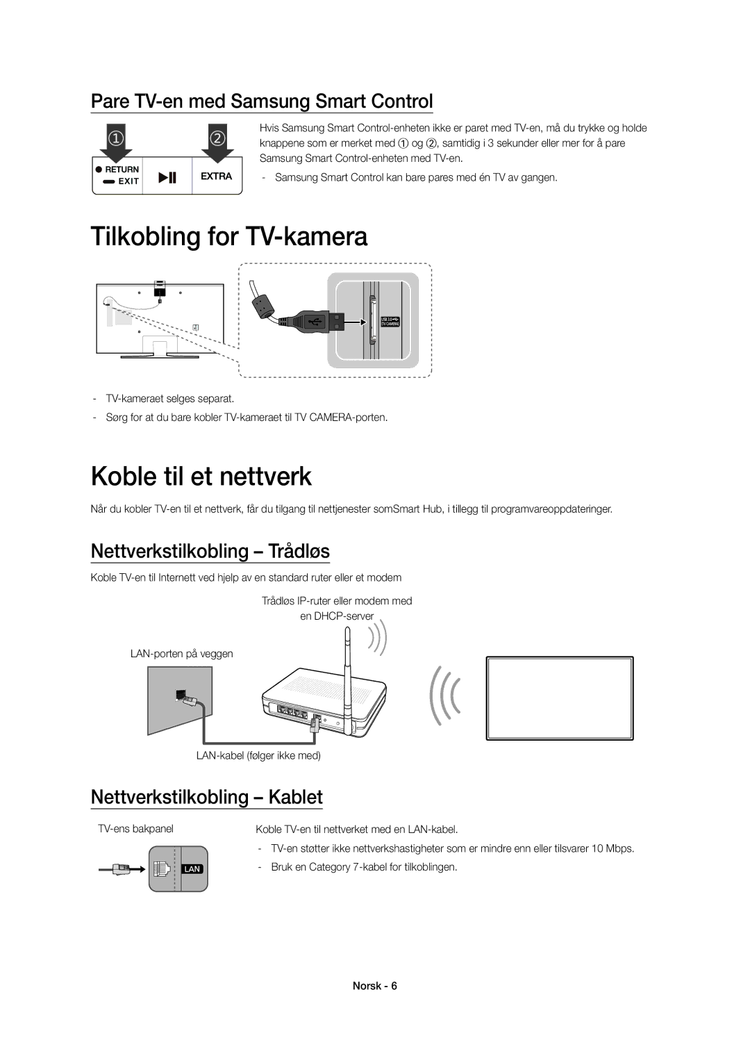 Samsung UE48JU7005TXXE manual Tilkobling for TV-kamera, Koble til et nettverk, Pare TV-en med Samsung Smart Control 