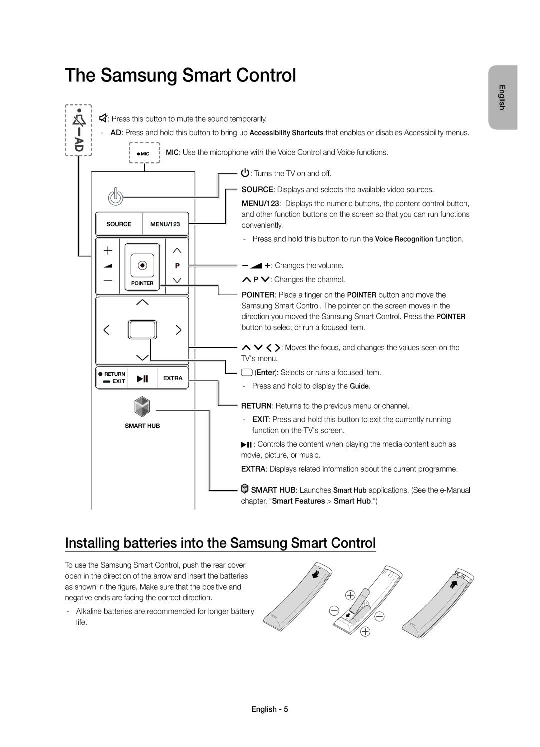 Samsung UE55JU7005TXXE, UE75JU7005TXXE, UE40JU7005TXXE manual Installing batteries into the Samsung Smart Control 