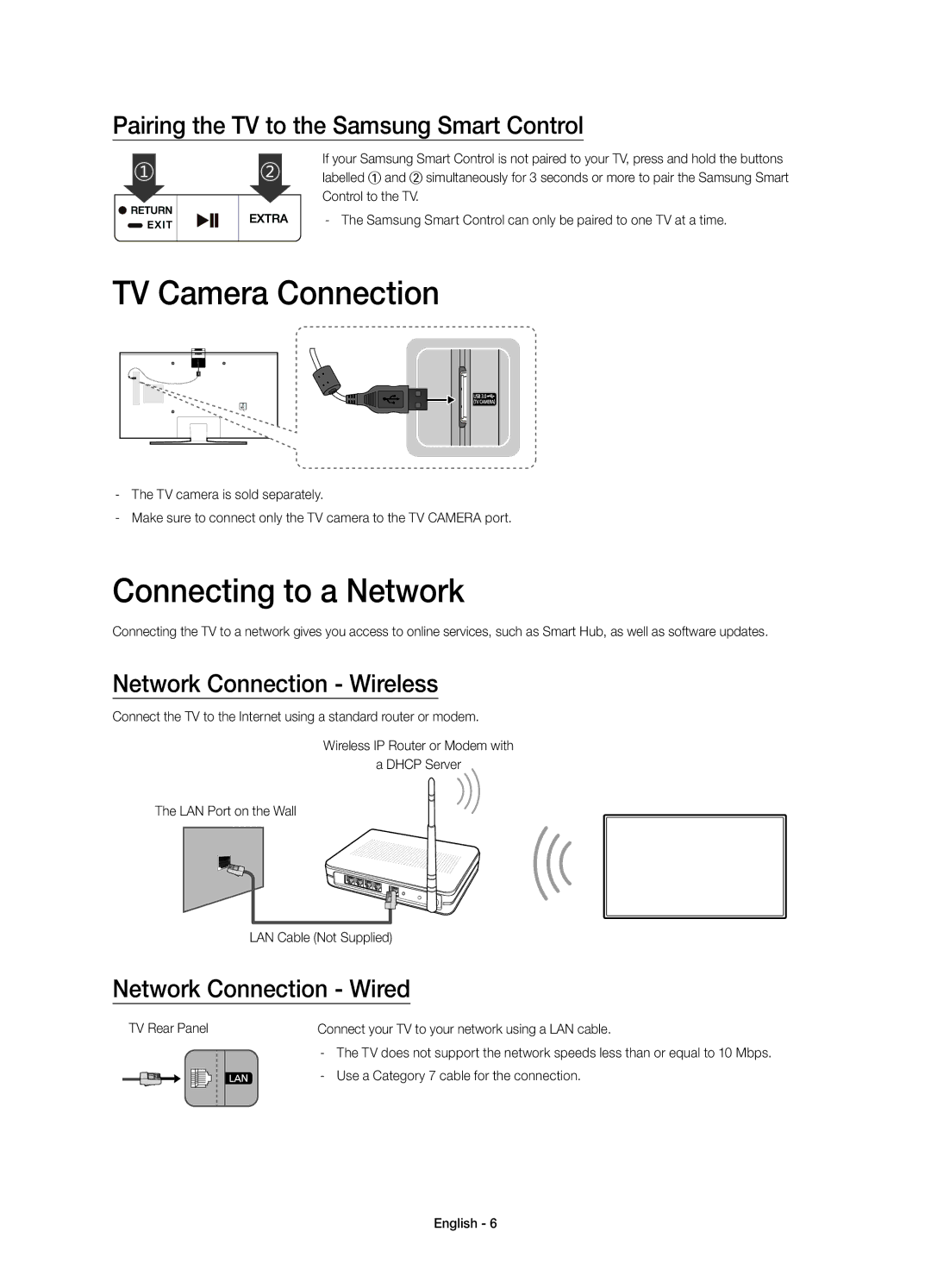 Samsung UE75JU7005TXXE manual TV Camera Connection, Connecting to a Network, Pairing the TV to the Samsung Smart Control 