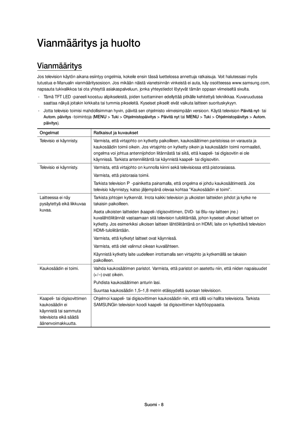 Samsung UE65JU7005TXXE, UE55JU7005TXXE, UE75JU7005TXXE, UE40JU7005TXXE, UE48JU7005TXXE manual Vianmääritys ja huolto 