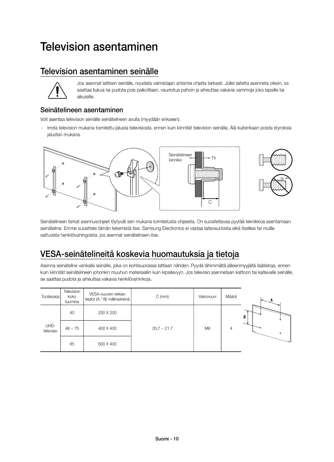 Samsung UE75JU7005TXXE manual Television asentaminen seinälle, VESA-seinätelineitä koskevia huomautuksia ja tietoja 