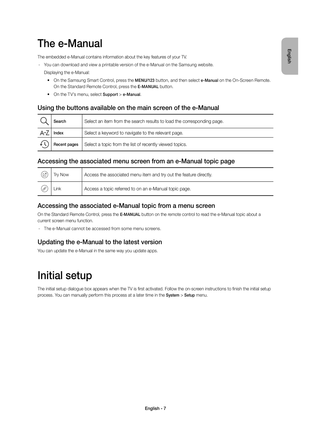 Samsung UE40JU7005TXXE manual E-Manual, Initial setup, Accessing the associated menu screen from an e-Manual topic 