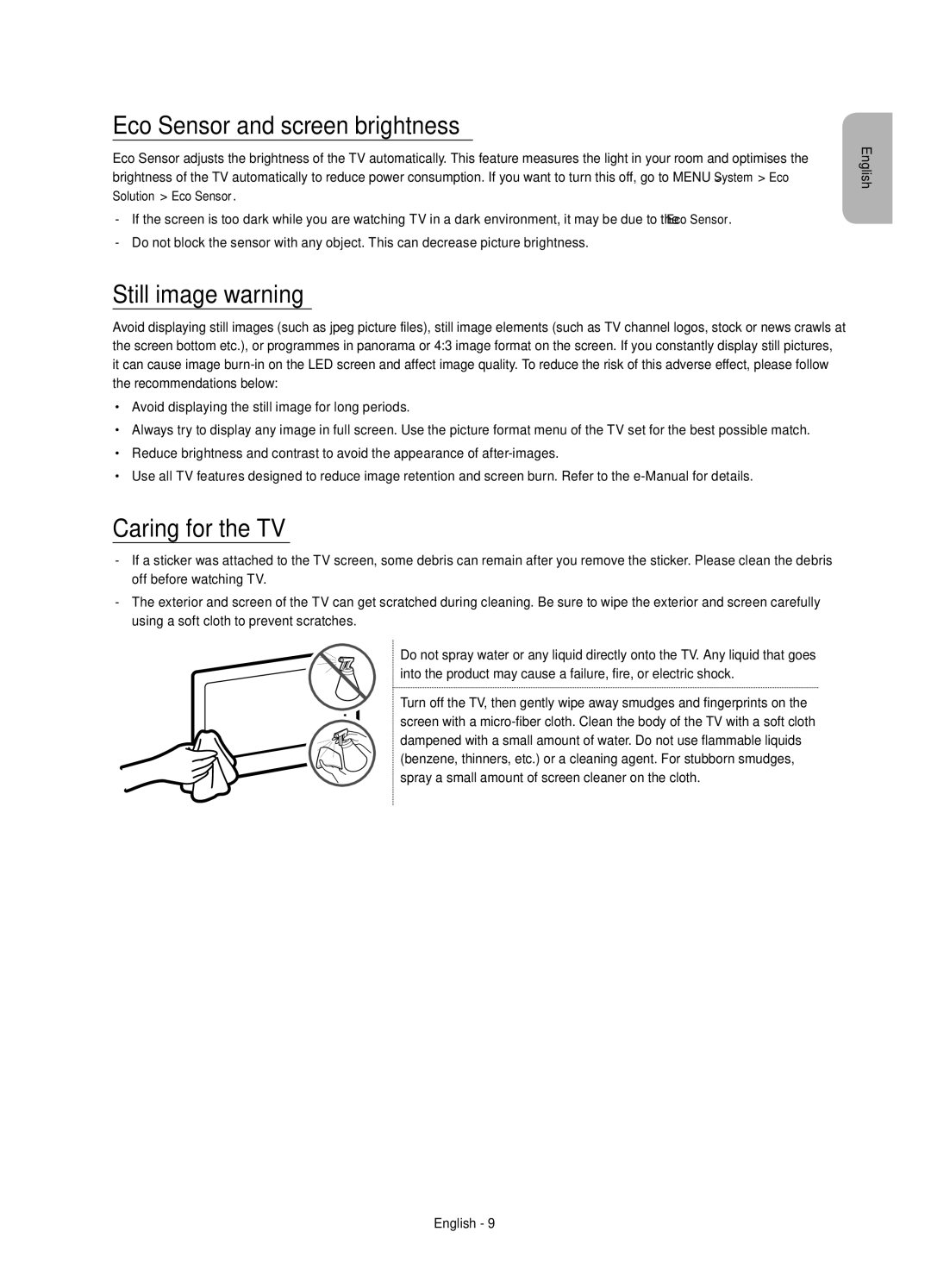 Samsung UE65JU7005TXXE, UE55JU7005TXXE manual Eco Sensor and screen brightness, Still image warning, Caring for the TV 