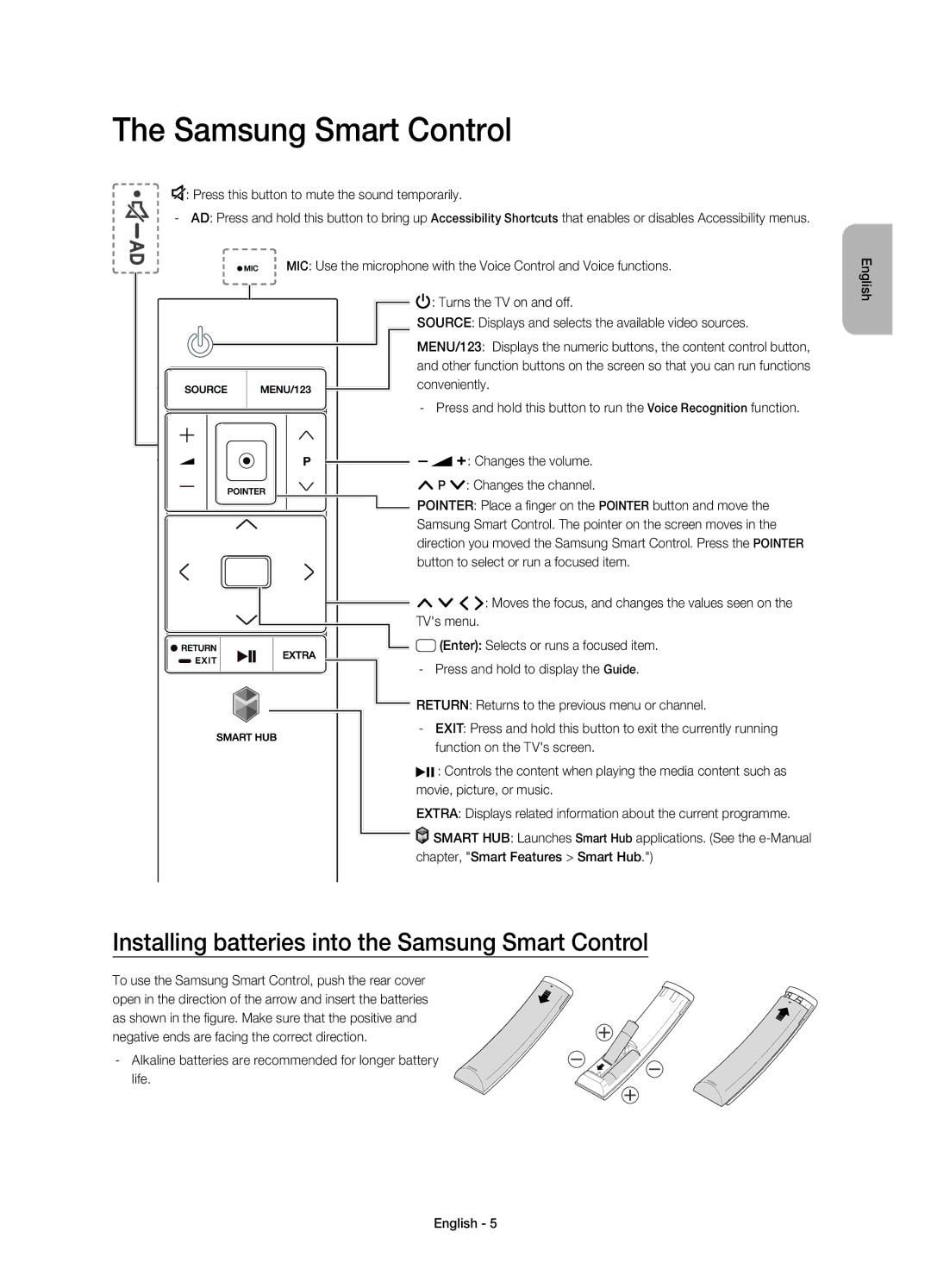 Samsung UE48JU7500UXRU, UE55JU7500UXRU, UE65JU7500UXRU manual Installing batteries into the Samsung Smart Control 