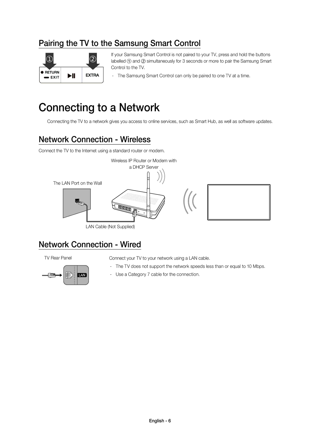 Samsung UE65JU7500UXRU Connecting to a Network, Pairing the TV to the Samsung Smart Control, Network Connection Wireless 