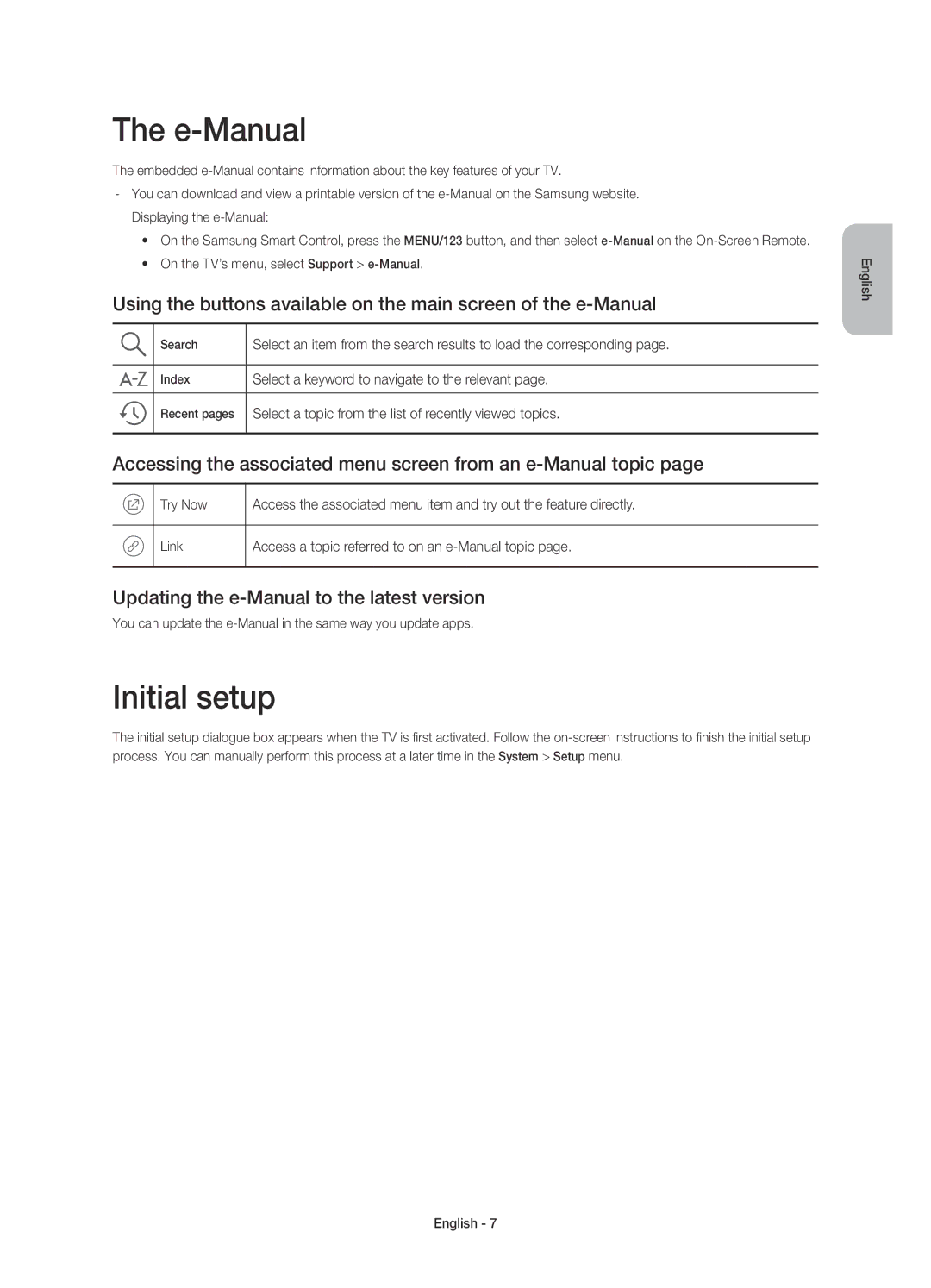 Samsung UE78JU7500UXRU manual E-Manual, Initial setup, Accessing the associated menu screen from an e-Manual topic 