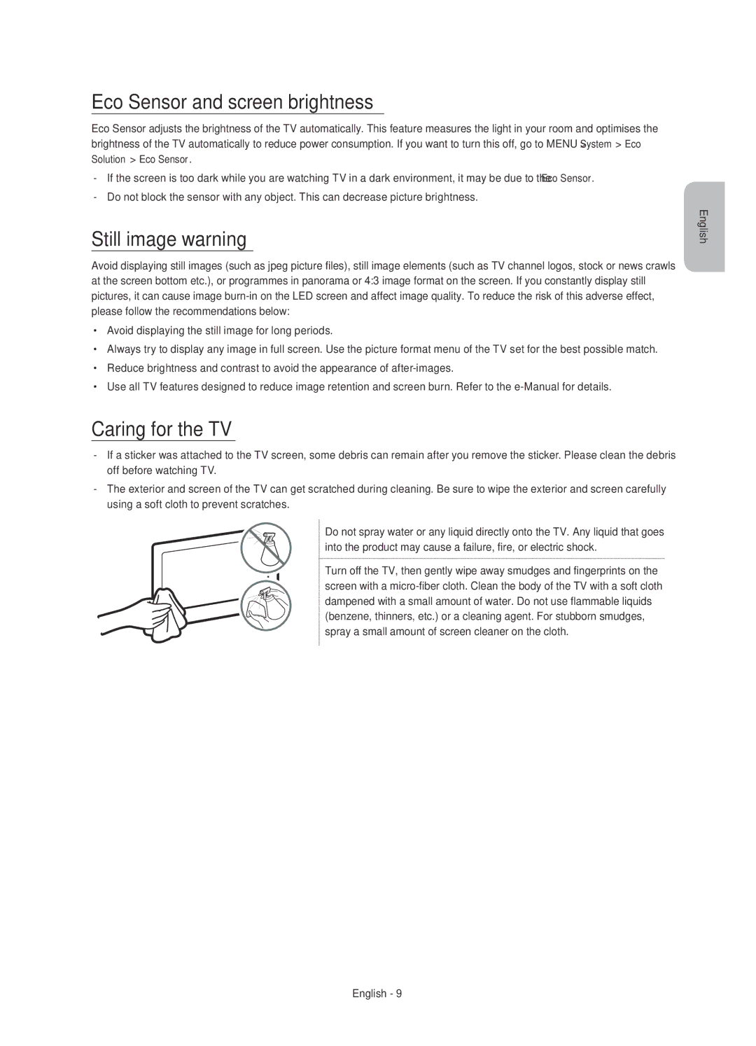 Samsung UE48JU7500UXRU, UE55JU7500UXRU manual Eco Sensor and screen brightness, Still image warning, Caring for the TV 