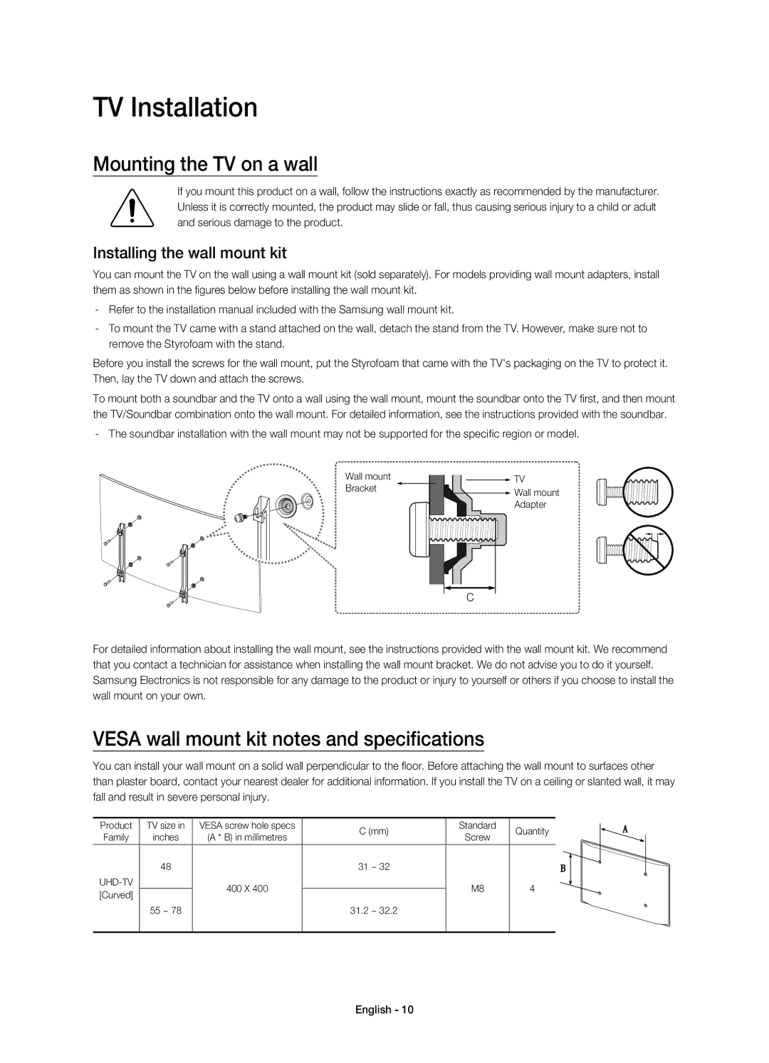 Samsung UE65JU7500UXRU manual TV Installation, Mounting the TV on a wall, Vesa wall mount kit notes and specifications 