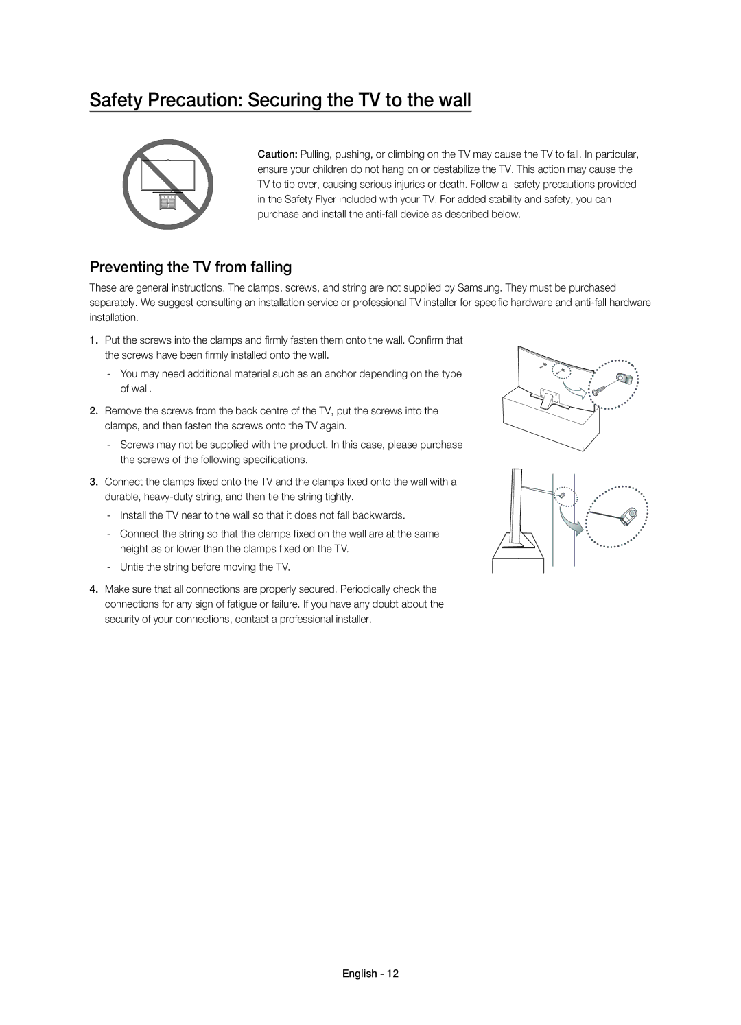 Samsung UE55JU7500UXRU, UE48JU7500UXRU manual Safety Precaution Securing the TV to the wall, Preventing the TV from falling 