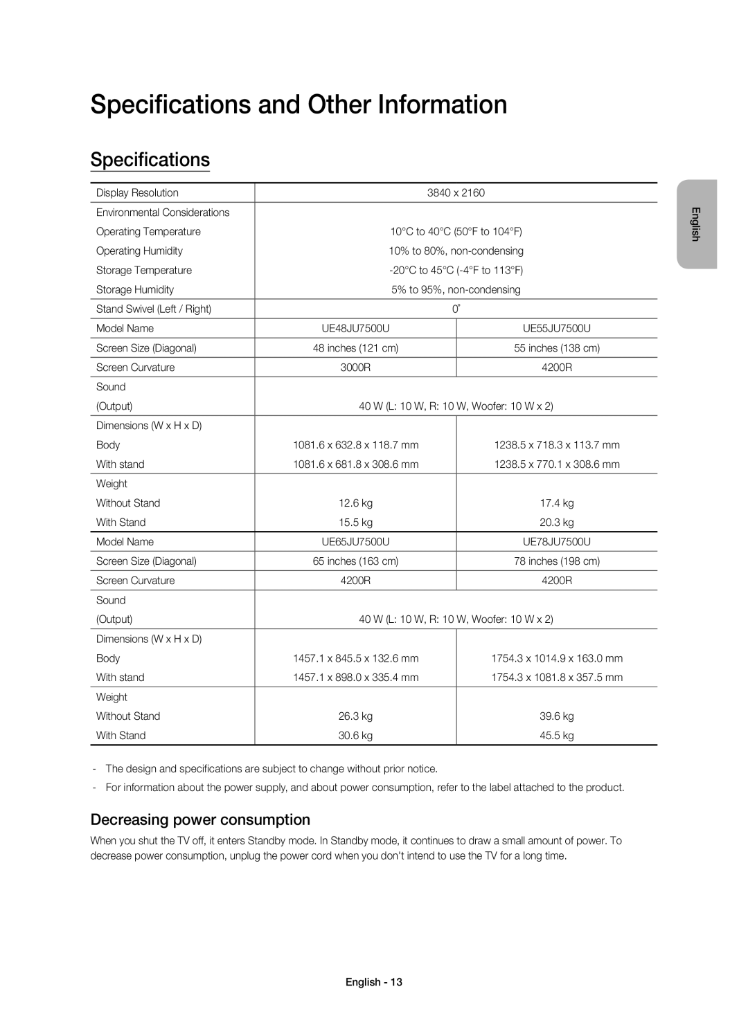 Samsung UE48JU7500UXRU, UE55JU7500UXRU, UE65JU7500UXRU Specifications and Other Information, Decreasing power consumption 