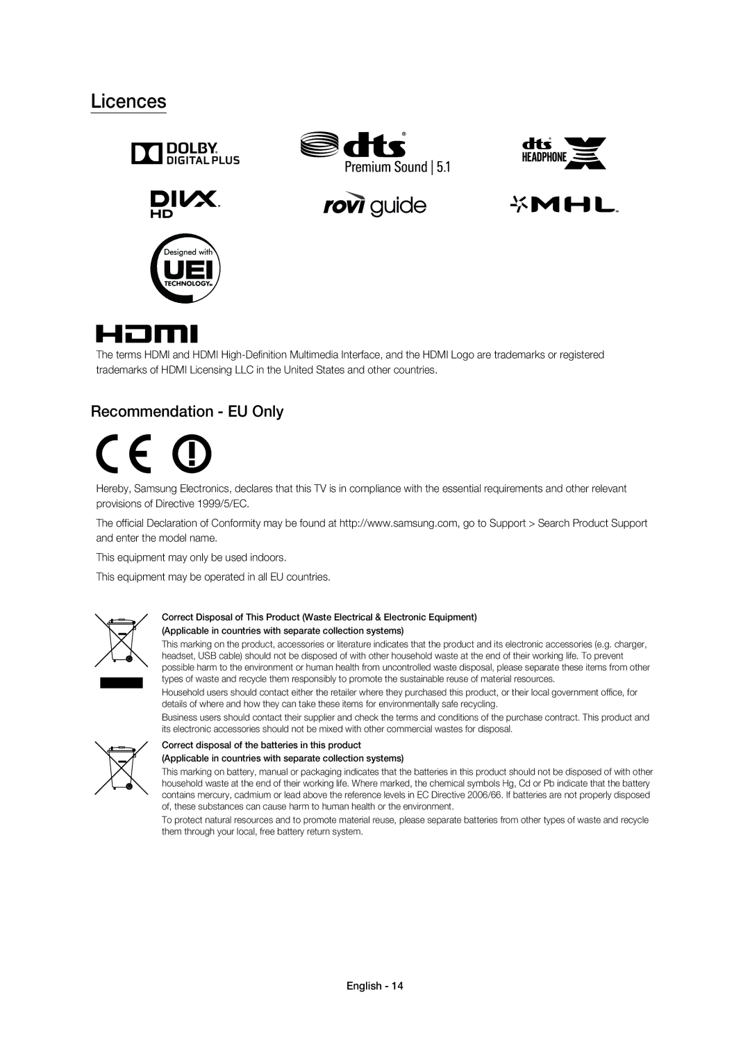 Samsung UE65JU7500UXRU, UE55JU7500UXRU, UE48JU7500UXRU, UE78JU7500UXRU manual Licences, Recommendation EU Only 