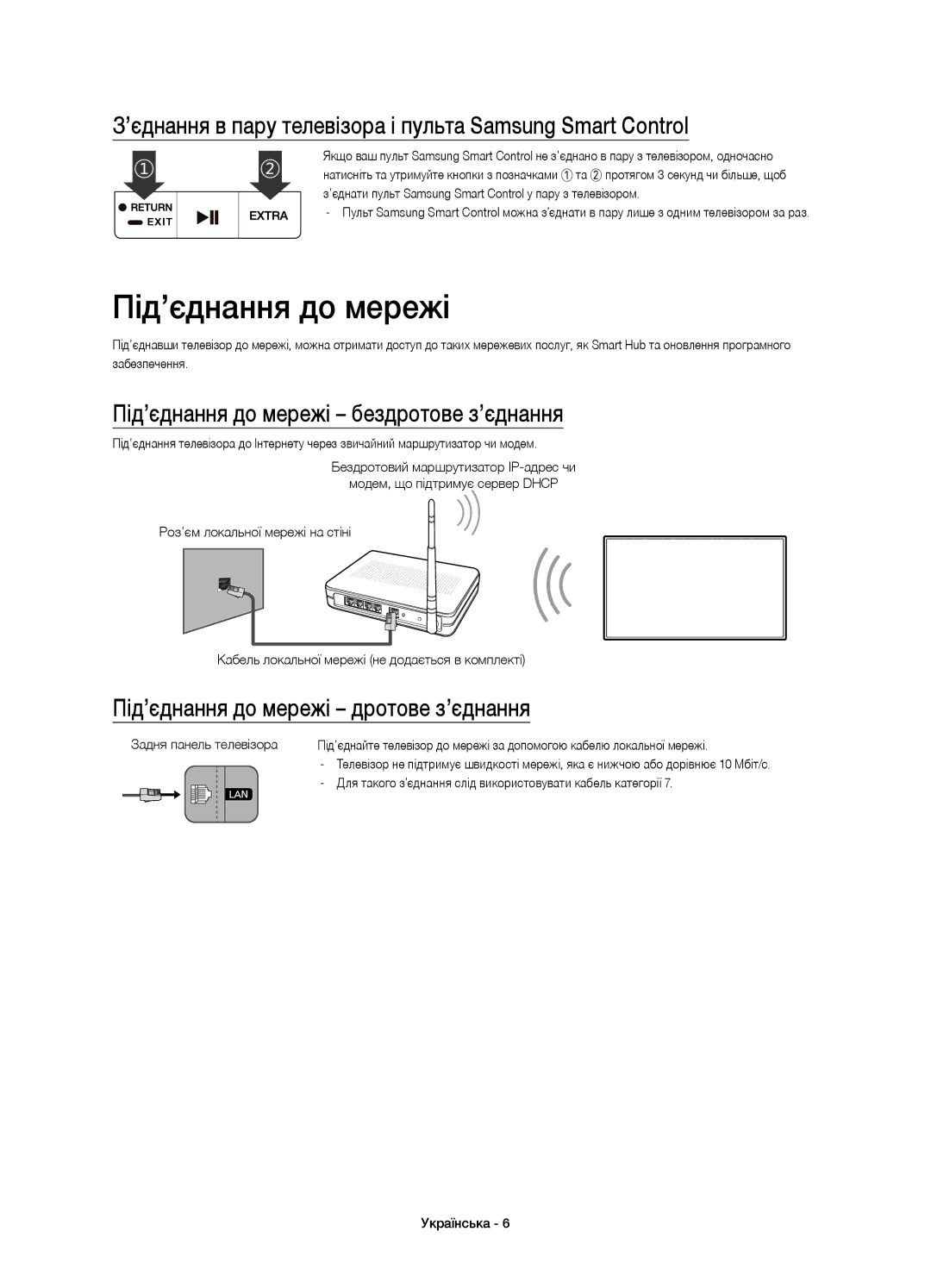 Samsung UE55JU7500UXRU, UE48JU7500UXRU Під’єднання до мережі, ’єднання в пару телевізора і пульта Samsung Smart Control 