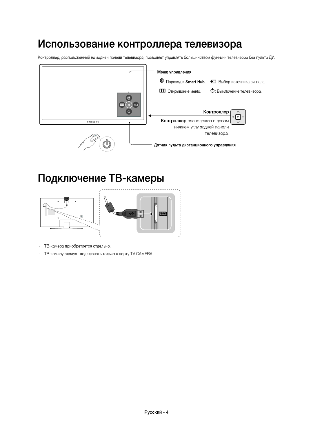 Samsung UE55JU7500UXRU manual Использование контроллера телевизора, Подключение ТВ-камеры, Меню управления, Открывание меню 