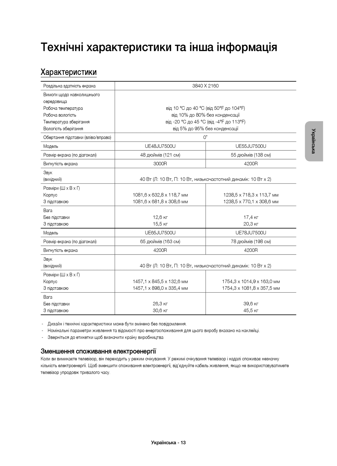 Samsung UE78JU7500UXRU Технічні характеристики та інша інформація, Характеристики, Зменшення споживання електроенергії 