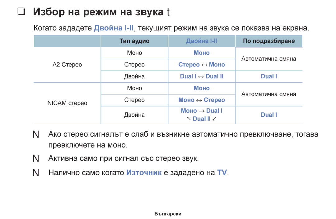 Samsung UE40K5102AKXBT, UE55K5102AKXBT, UE32K4102AKXBT, UE32K5102AKXBT, UE49K5102AKXBT manual Избор на режим на звука t 