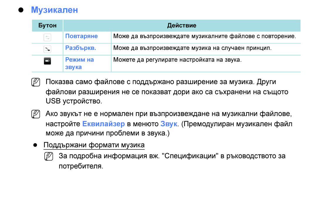 Samsung UE32K5102AKXBT, UE55K5102AKXBT, UE32K4102AKXBT, UE40K5102AKXBT, UE49K5102AKXBT manual Музикален 