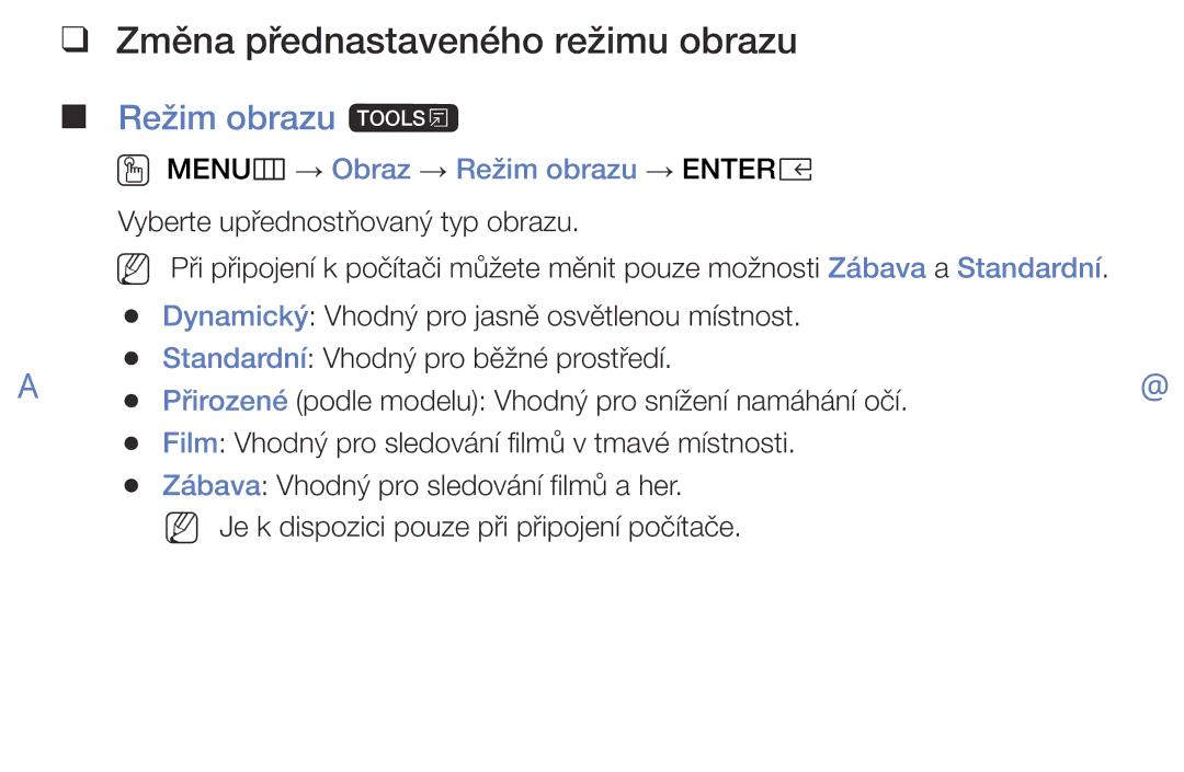 Samsung UE49K5102AKXBT manual Změna přednastaveného režimu obrazu, Režim obrazu t, OO MENUm → Obraz → Režim obrazu → Entere 