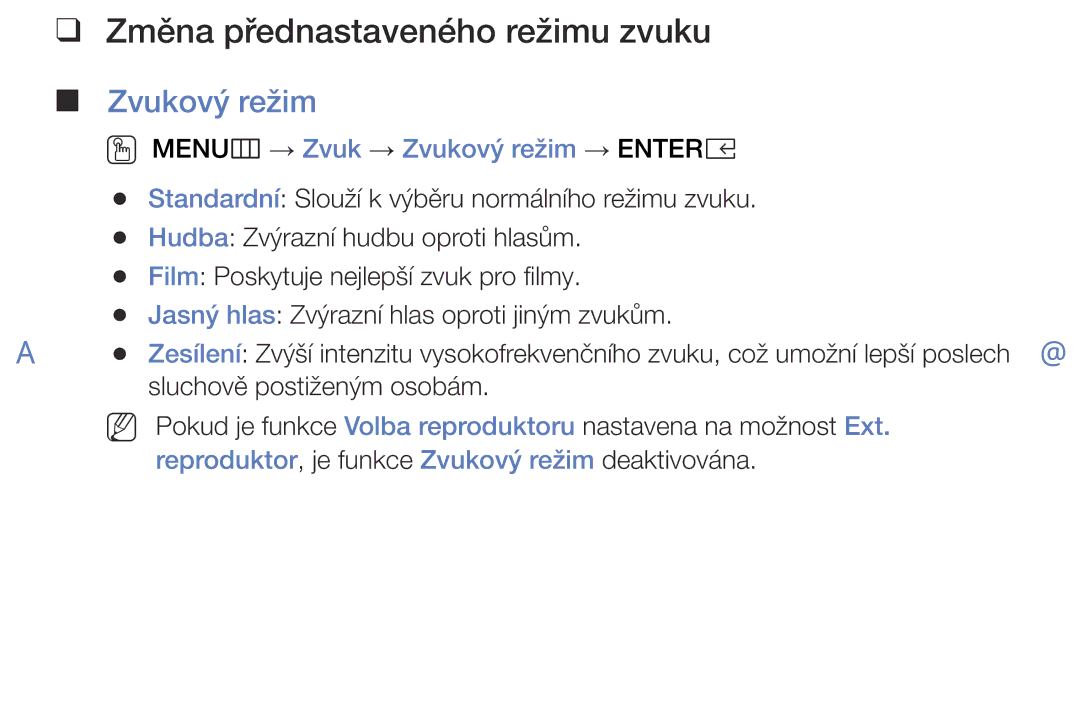 Samsung UE32K5103AKXBT, UE55K5102AKXBT Změna přednastaveného režimu zvuku, OO MENUm → Zvuk → Zvukový režim → Entere 