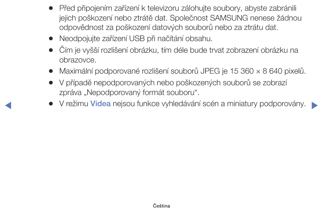 Samsung UE40K5103AKXBT, UE55K5102AKXBT, UE32K4102AKXBT manual Odpovědnost za poškození datových souborů nebo za ztrátu dat 