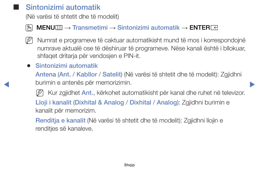 Samsung UE55K5102AKXXH, UE32K4102AKXXH, UE32K5102AKXXH manual OO MENUm → Transmetimi → Sintonizimi automatik → Entere 