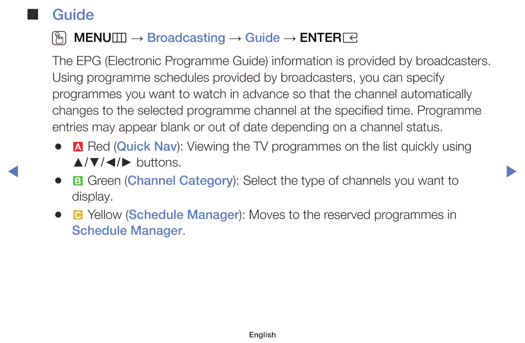 Samsung UE40K5103AKXBT, UE55K5102AKXXH, UE40K5102AKXXH manual OO MENUm → Broadcasting → Guide → Entere, Schedule Manager 