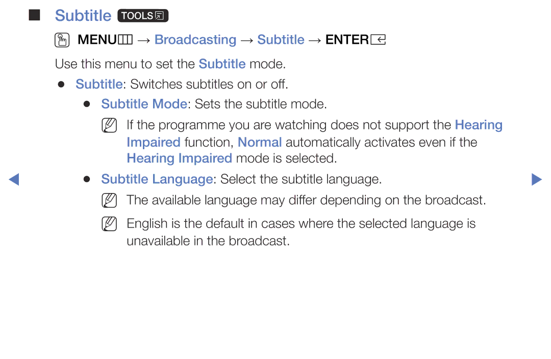 Samsung UE32K4102AKXXH manual Subtitle t, OO MENUm → Broadcasting → Subtitle → Entere, Hearing Impaired mode is selected 