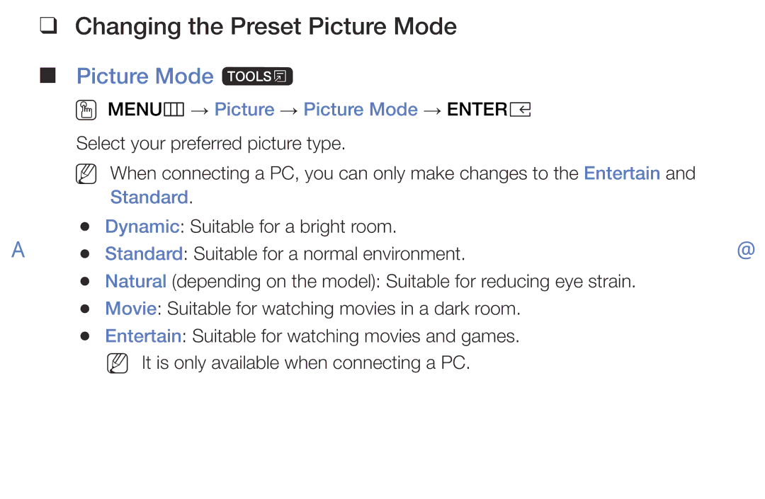 Samsung UE40K5103AKXBT manual Changing the Preset Picture Mode, Picture Mode t, OO MENUm → Picture → Picture Mode → Entere 