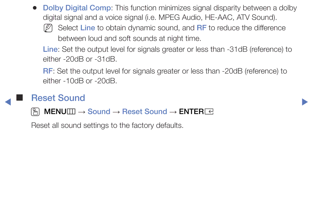 Samsung UE49K5102AKXXH, UE55K5102AKXXH, UE40K5102AKXXH, UE32K4102AKXXH manual OO MENUm → Sound → Reset Sound → Entere 