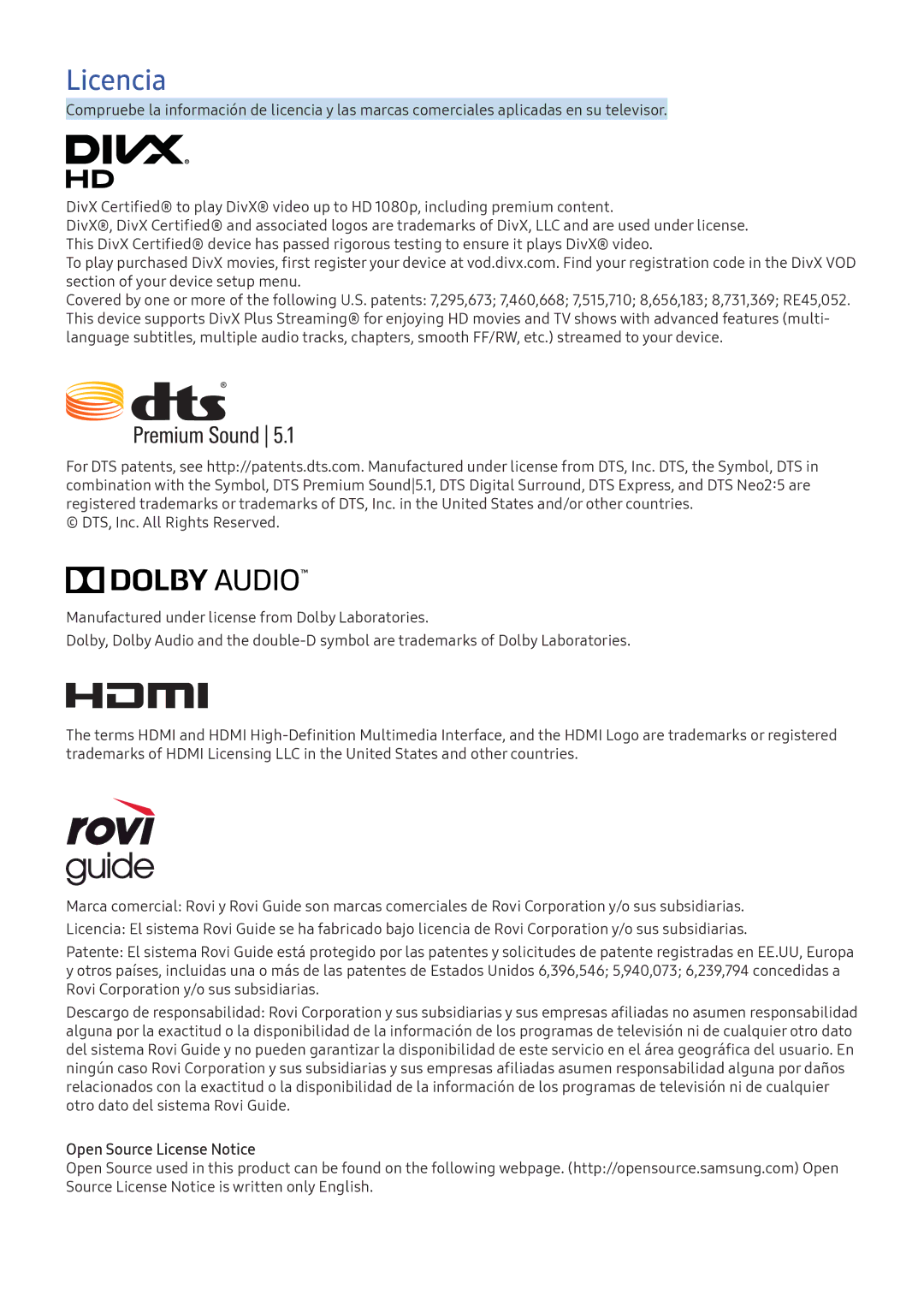 Samsung UE49K6370SUXXC, UE55K5570SUXZG, UE40K6300AKXXC, UE55K6370SSXXH, UE40K5500AKXXC, UE49K6300AKXXC, UE49K5502AKXXH Licencia 