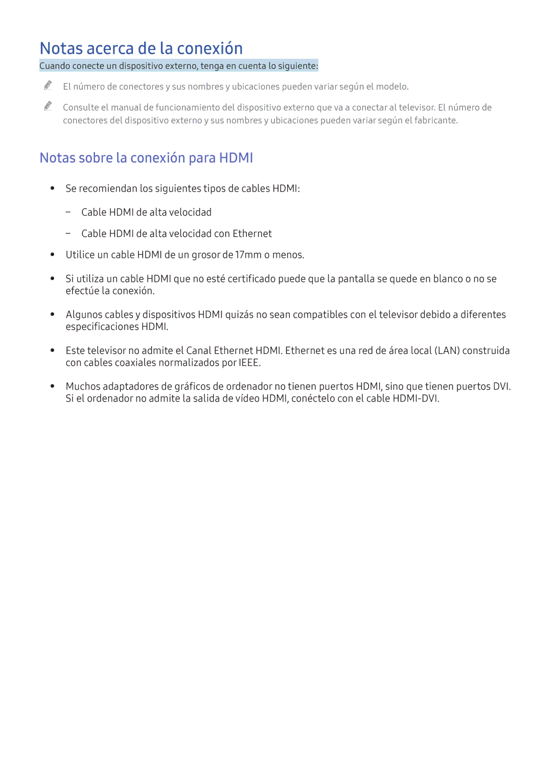 Samsung UE49K5500AKXXC, UE55K5570SUXZG, UE40K6300AKXXC manual Notas acerca de la conexión, Notas sobre la conexión para Hdmi 