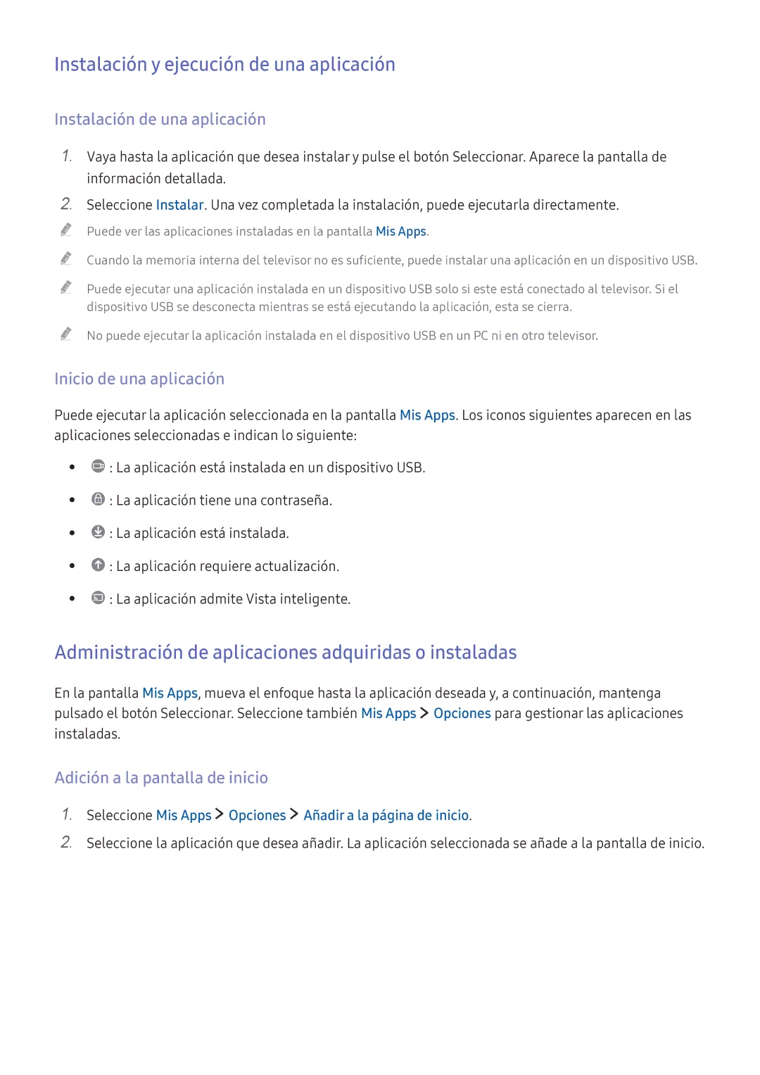 Samsung UE55K5600AKXXC Instalación y ejecución de una aplicación, Administración de aplicaciones adquiridas o instaladas 