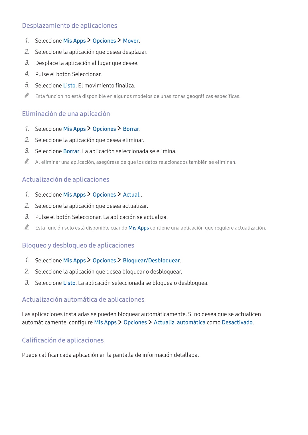 Samsung UE32K5500AKXXC manual Desplazamiento de aplicaciones, Eliminación de una aplicación, Actualización de aplicaciones 