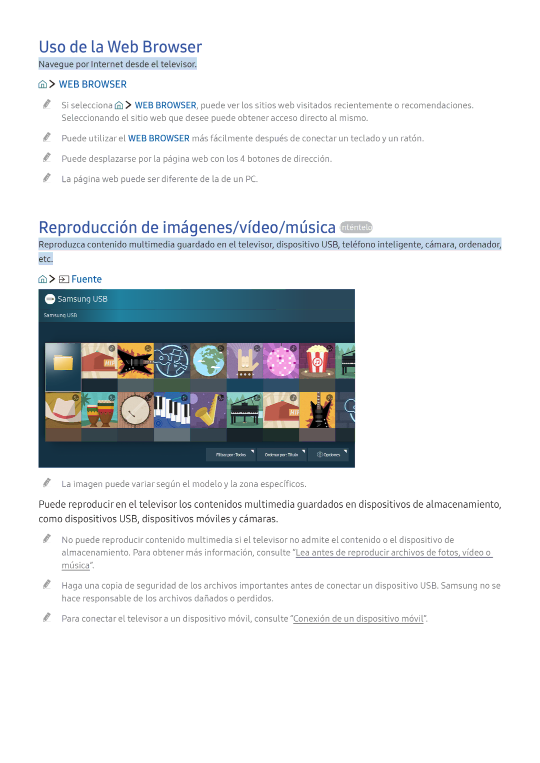 Samsung UE40K5510AKXXC, UE55K5570SUXZG manual Uso de la Web Browser, Reproducción de imágenes/vídeo/música Inténtelo 
