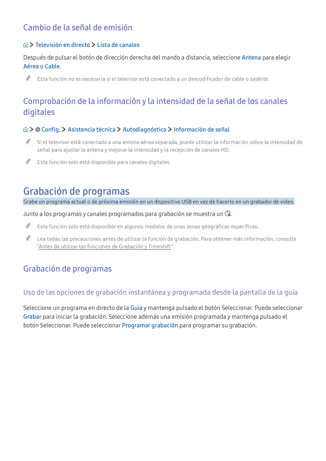 Samsung UE40K5600AKXXC manual Grabación de programas, Cambio de la señal de emisión, Televisión en directo Lista de canales 