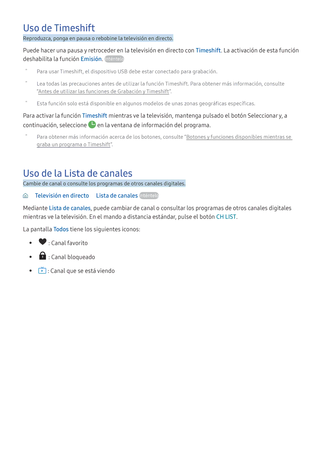 Samsung UE55K5570SUXZG Uso de Timeshift, Uso de la Lista de canales, Televisión en directo Lista de canales Inténtelo 