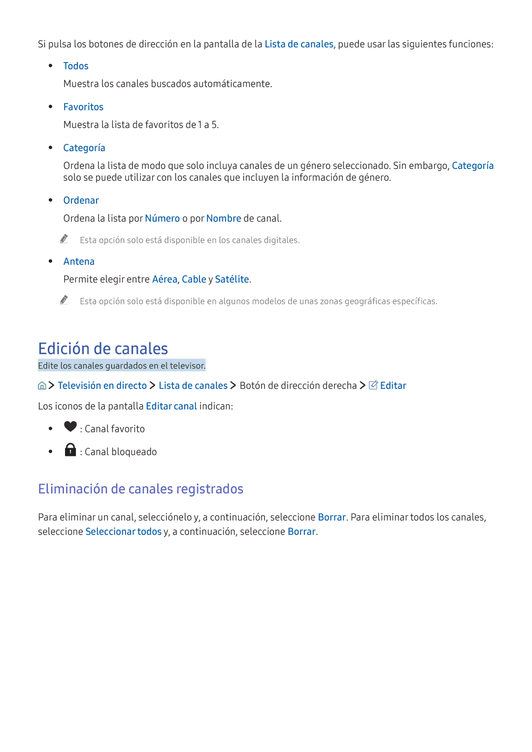 Samsung UE40K6300AKXXC, UE55K5570SUXZG, UE55K6370SSXXH manual Edición de canales, Eliminación de canales registrados 