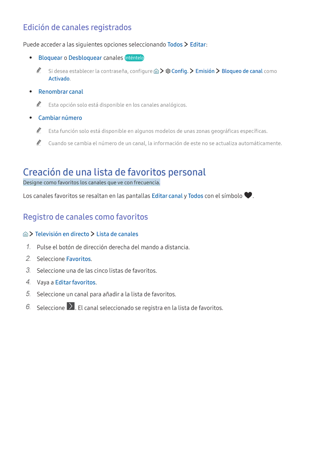 Samsung UE55K6370SSXXH, UE55K5570SUXZG manual Creación de una lista de favoritos personal, Edición de canales registrados 