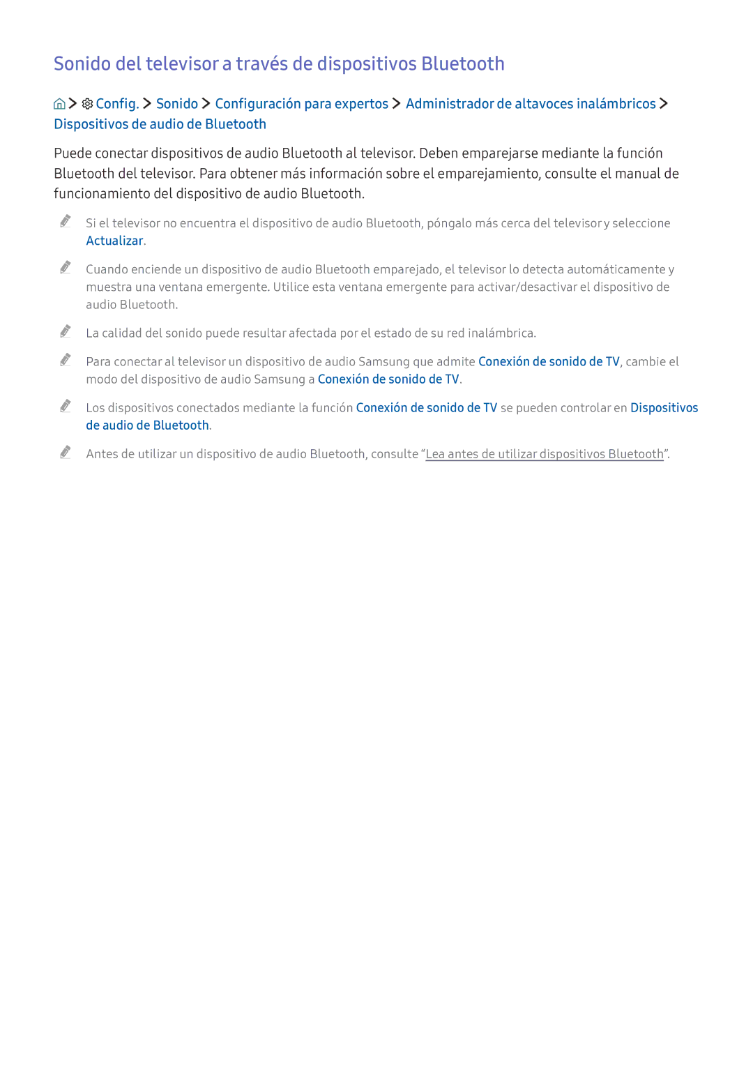 Samsung UE55K5500AKXXC, UE55K5570SUXZG, UE40K6300AKXXC manual Sonido del televisor a través de dispositivos Bluetooth 