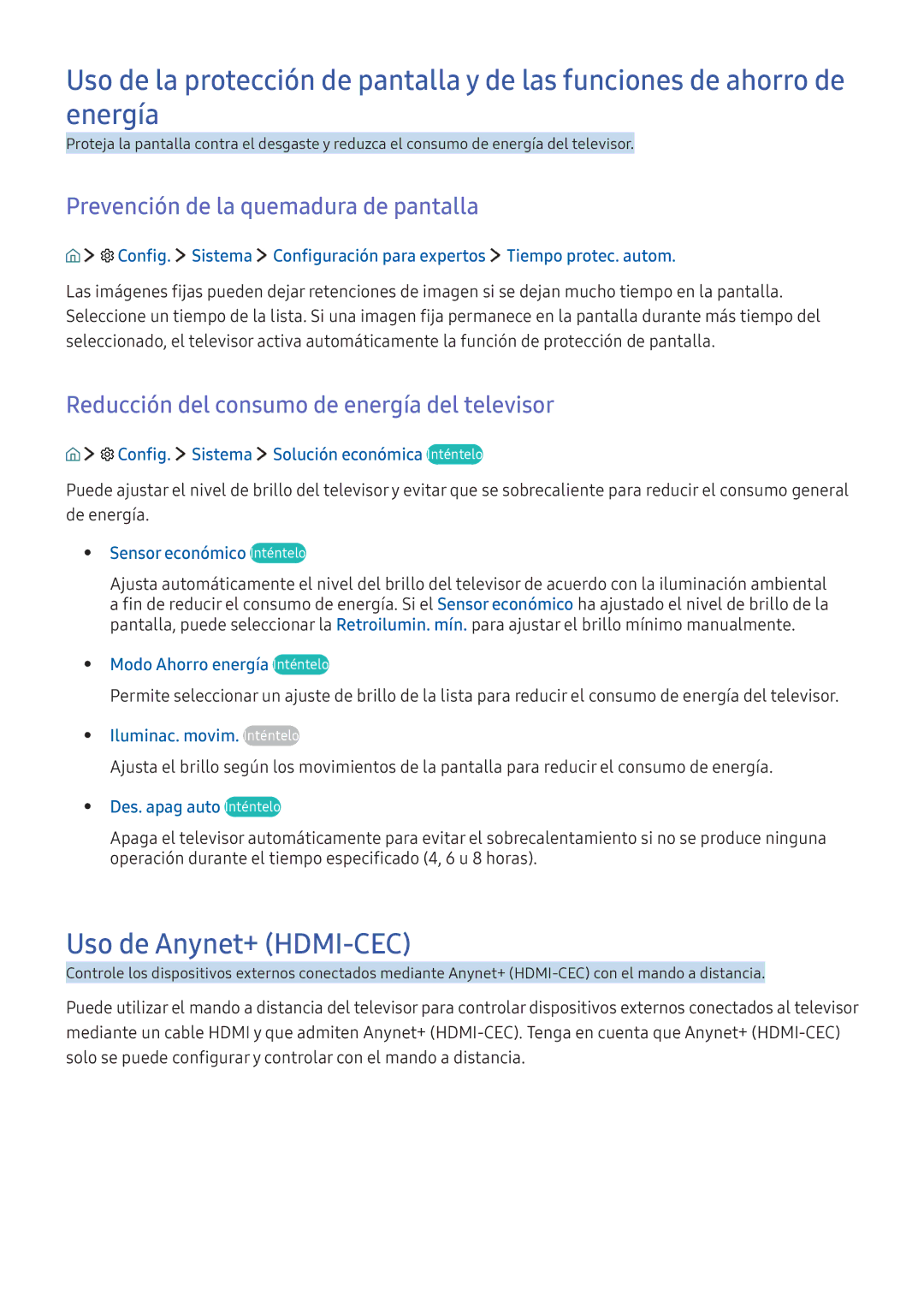 Samsung UE49K5500AKXXC, UE55K5570SUXZG, UE40K6300AKXXC manual Uso de Anynet+ HDMI-CEC, Prevención de la quemadura de pantalla 