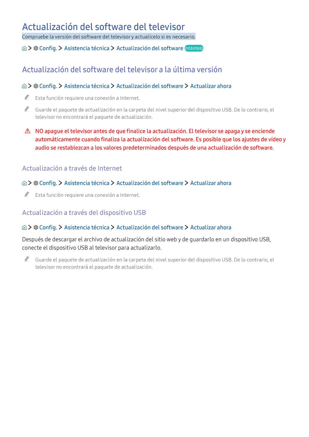 Samsung UE40K6300AKXXC, UE55K5570SUXZG manual Actualización del software del televisor, Actualización a través de Internet 