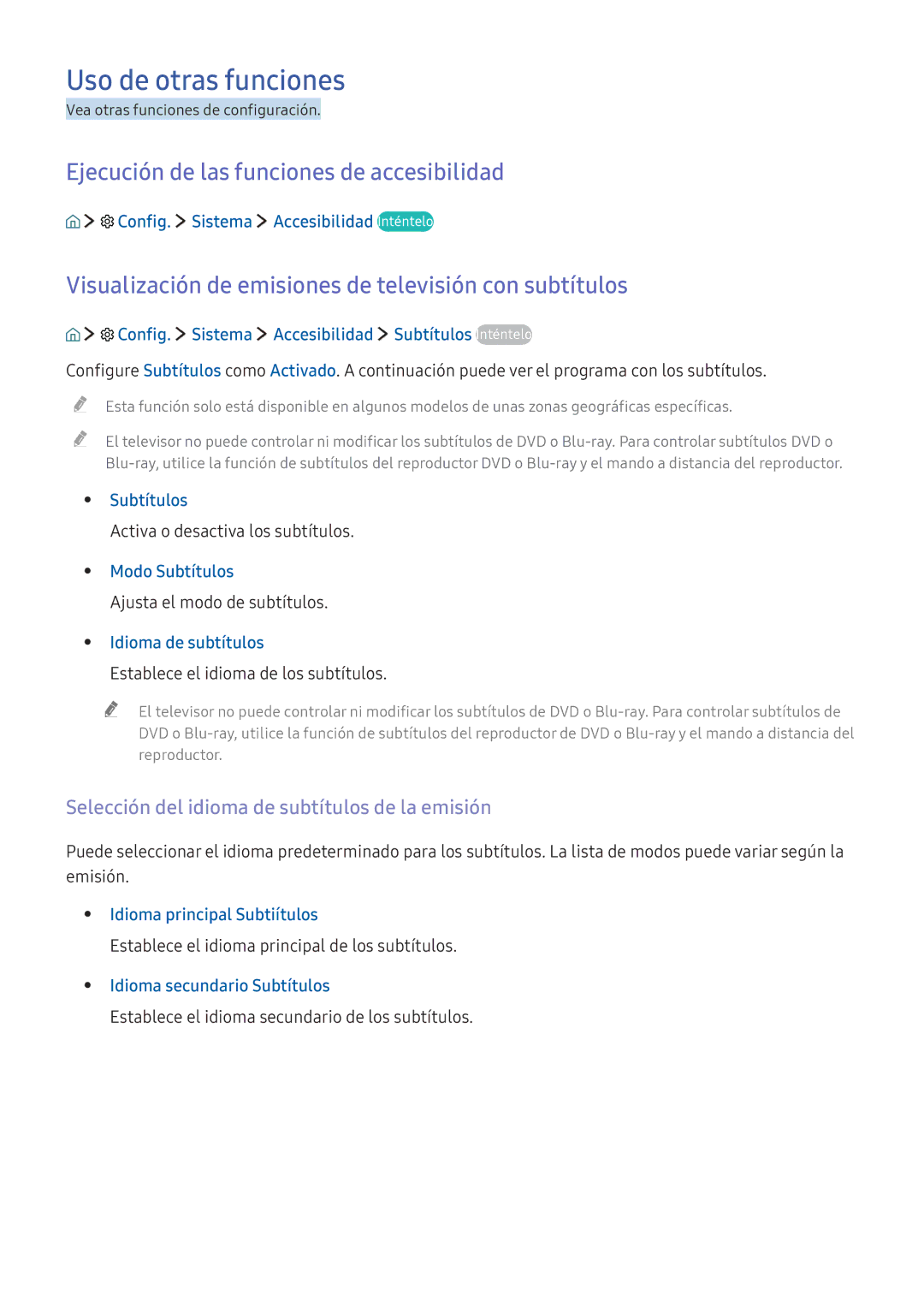 Samsung UE40K5500AKXXC, UE55K5570SUXZG, UE40K6300AKXXC Uso de otras funciones, Ejecución de las funciones de accesibilidad 