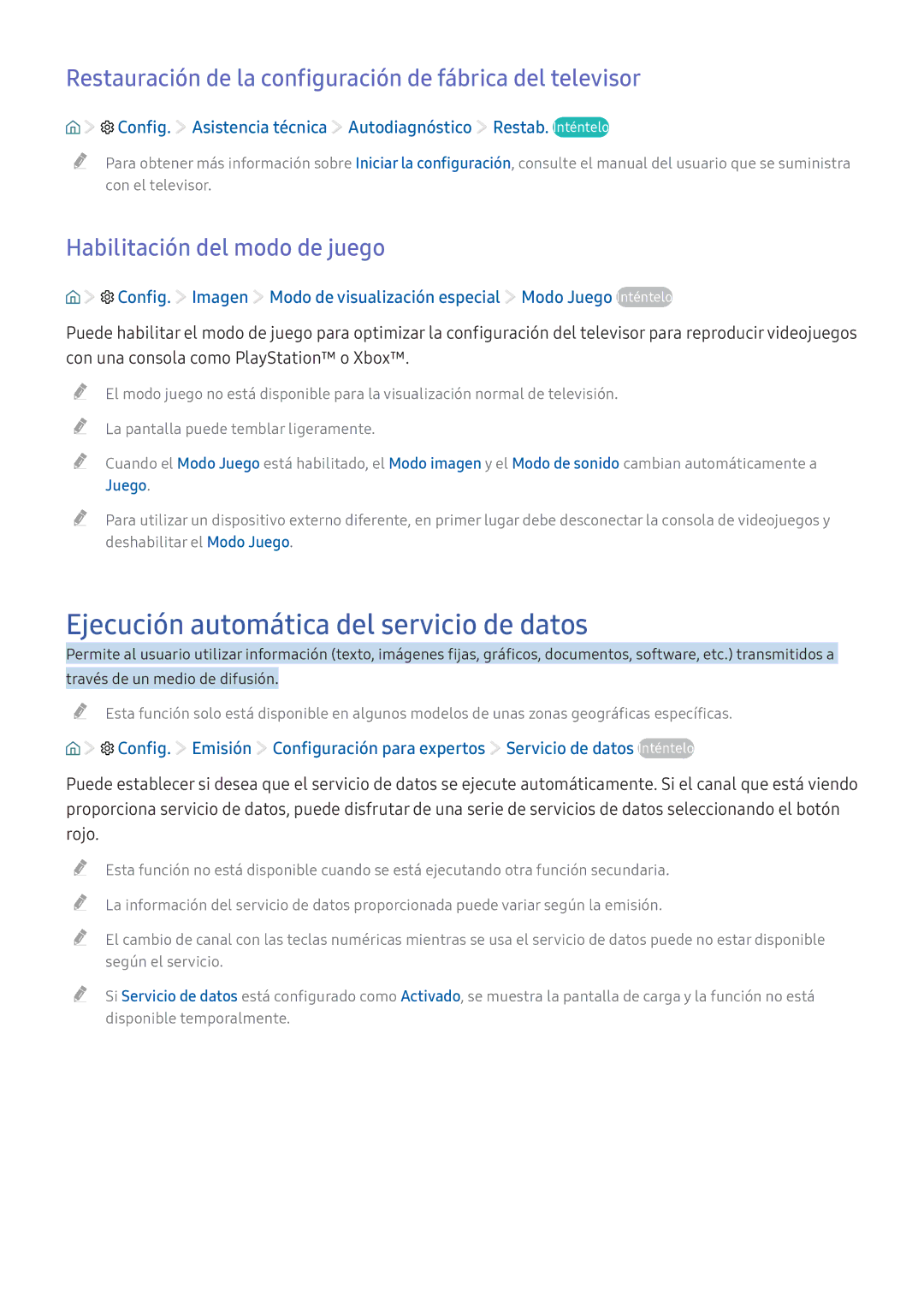 Samsung UE49K5570SUXXC, UE55K5570SUXZG manual Ejecución automática del servicio de datos, Habilitación del modo de juego 