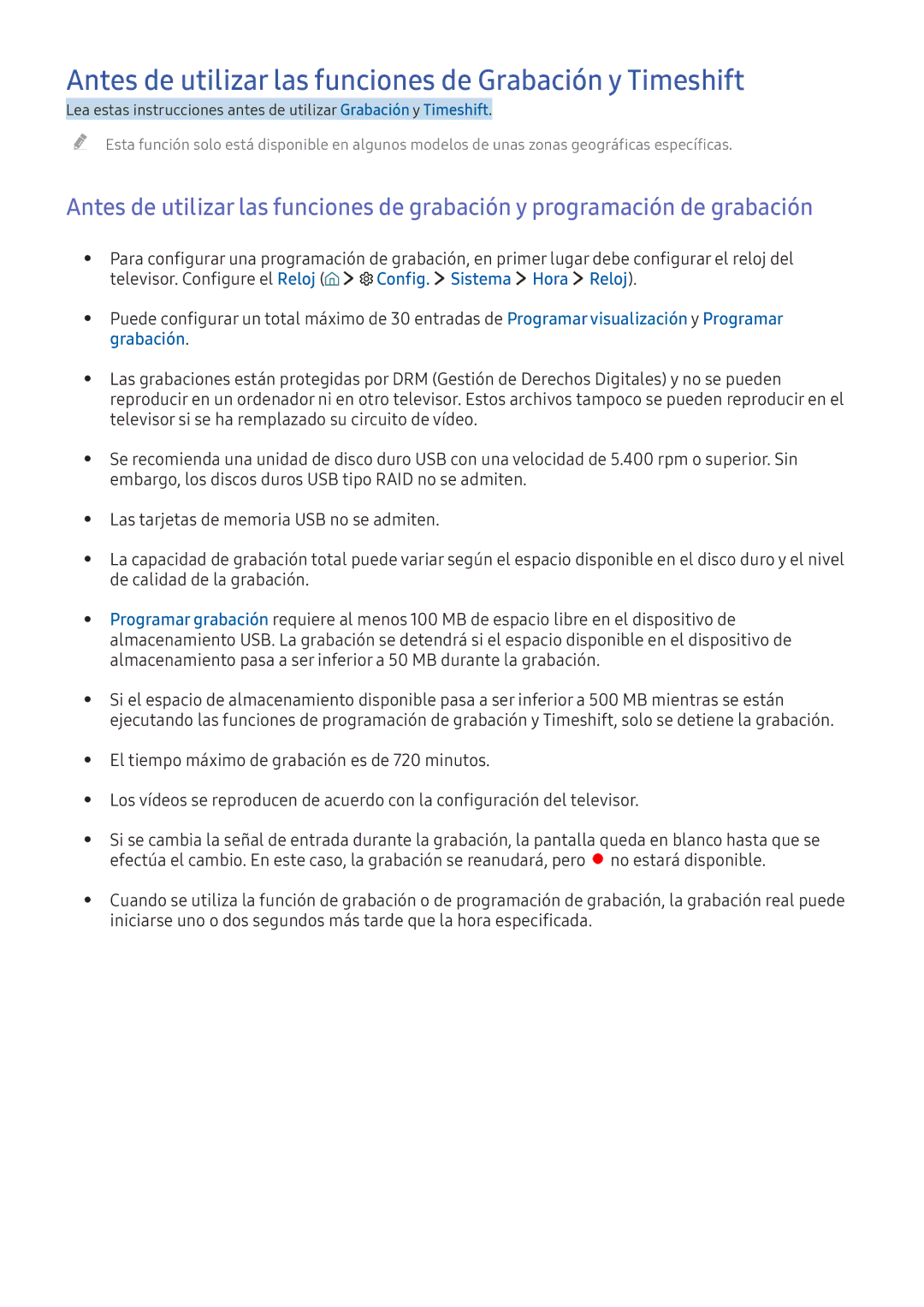 Samsung UE49K6370SUXXC manual Antes de utilizar las funciones de Grabación y Timeshift, Televisor. Configure el Reloj 